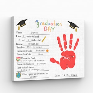 Último día de clases imprimible, recuerdo de graduación de jardín de infantes, arte con huellas de manos, cuestionario de fin de clases, entrevista para graduados de preescolar