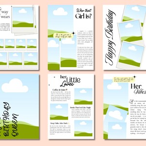 May include: A collection of six digital art prints with a light peach background. Each print features a blue sky with white clouds and a green landscape. Text includes "Happy Birthday Queen" and "Happy Birthday".