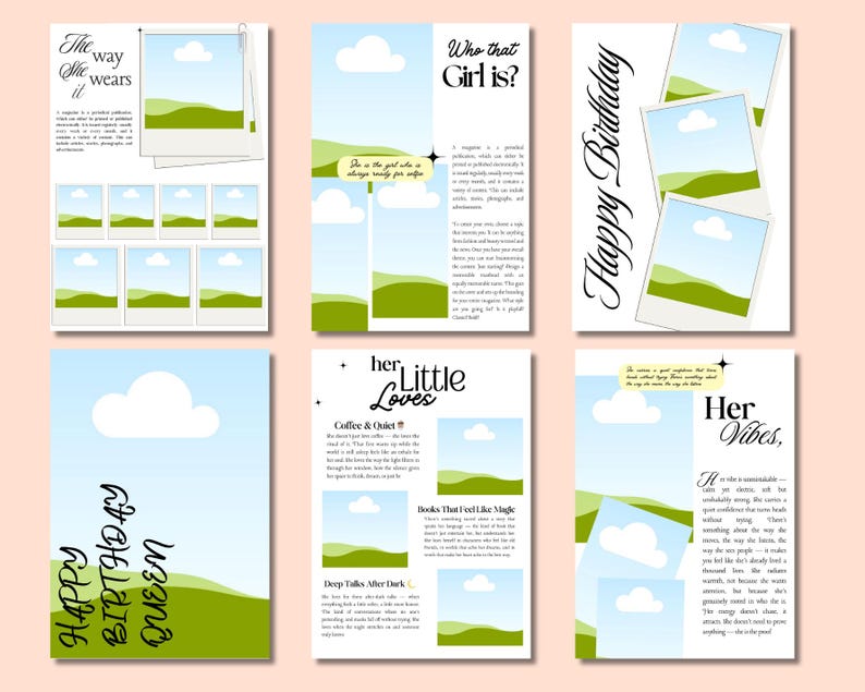 May include: A collection of six digital art prints with a light peach background. Each print features a blue sky with white clouds and a green landscape. Text includes "Happy Birthday Queen" and "Happy Birthday".