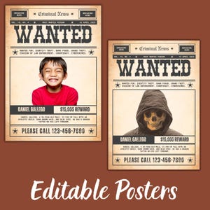 Könnte beinhalten: Zwei "Wanted"-Poster im Vintage-Stil mit beigem Hintergrund. Eines zeigt ein lächelndes Kind in einem roten Hemd, das andere einen Kapuzenschädel. Beide zeigen "Daniel Gallego" und eine Belohnung von 10.000 $. Der Text enthält "Criminal News".