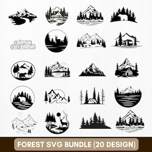 Paisaje de aventura SVG, escena forestal SVG, paquete SVG de montaña, silueta de bosque SVG, archivo digital, descarga instantánea