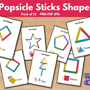 May include: A set of 12 printable cards featuring 2D shapes made from popsicle sticks. Each card shows a different shape, such as a kite, triangle, square, and star, with the name of the shape printed below. The cards are designed for educational purposes and are perfect for teaching children about geometry.
