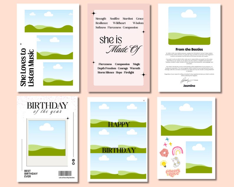 May include: A collection of six digital art prints with a light pink background. The prints feature landscape scenes, text, and decorative elements. Text includes "She Loves to Listen Music", "she is Made Of", "From the Besties", "BIRTHDAY of the year", "HAPPY BIRTHDAY", and "Cheers love".