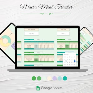 Op de afbeelding: Een screenshot van een Google Sheet-spreadsheet met de titel "Macro Meal Tracker". De spreadsheet is verdeeld in secties voor het bijhouden van de totale calorieën, eiwitten, koolhydraten en vetten. Er is een kalender voor maart 2023 en een cirkeldiagram dat de verdeling van de macro's laat zien.
