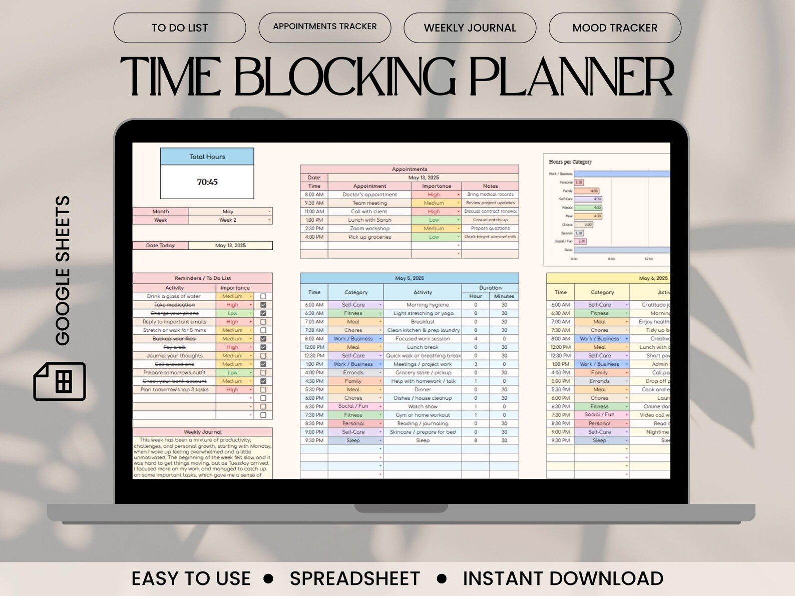 Minimalist Weekly Time Blocking Planner Template in Googlesheets Time ...