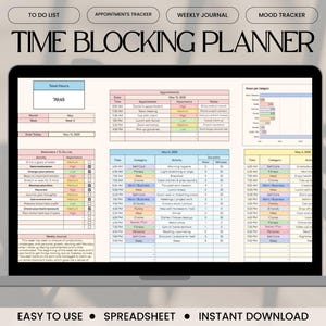 Puede incluir: Una pantalla de portátil que muestra una plantilla de planificador de bloques de tiempo. El planificador incluye secciones para listas de tareas, citas y un rastreador de estado de ánimo. El texto "TIME BLOCKING PLANNER" está en la parte superior. Las palabras "EASY TO USE", "SPREADSHEET" e "INSTANT DOWNLOAD" están en la parte inferior.