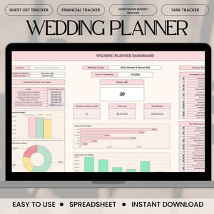 Puede incluir: Un planificador de bodas digital que se muestra en la pantalla de un portátil. Incluye secciones para listas de invitados, finanzas y tareas. La pantalla muestra un panel con gráficos rosas y verdes, y el texto "WEDDING PLANNER" es visible. Fácil de usar y descarga instantánea.