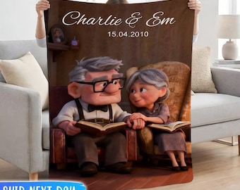 Personalized Up Movie Anniversary Blanket, Custom Carl and Ellie Fleece Throw with Names, Couples Wedding Gift, Romantic Movie Quilt