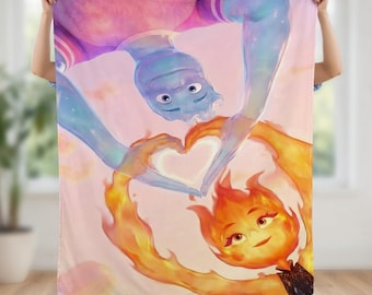 Elemental Movie Heart Blanket, Personalized Ember and Wade Fleece Throw, Custom Disney Pixar Nursery Bedding, Romantic Couple Gift