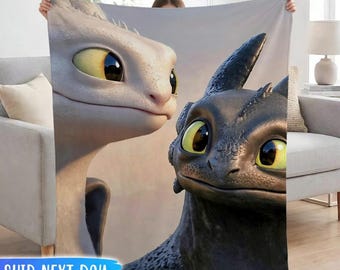 Toothless and Light Fury Blanket for Kids, Personalized How to Train Your Dragon Fleece Throw, Custom Name Nursery Bedding, Dragon Gift