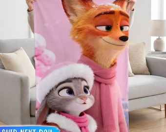 Zootopia Pink Winter Blanket, Personalized Judy & Nick Christmas Fleece Throw, Kids Movie Nursery Bedding, Custom Birthday Gift for Girls