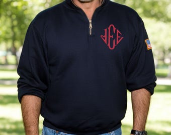 USA Sleeve Quarter Zip Sweatshirt, Monogram Quarter Zip Sweater Embroidered Shirt, Unisex Shirt, Gift For Him