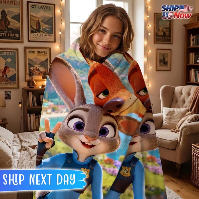 May include: A hooded blanket featuring Judy Hopps and Nick Wilde from Zootopia. The blanket is predominantly blue, with images of the characters' faces and a colorful background. The text "SHIP NEXT DAY" is visible at the bottom.