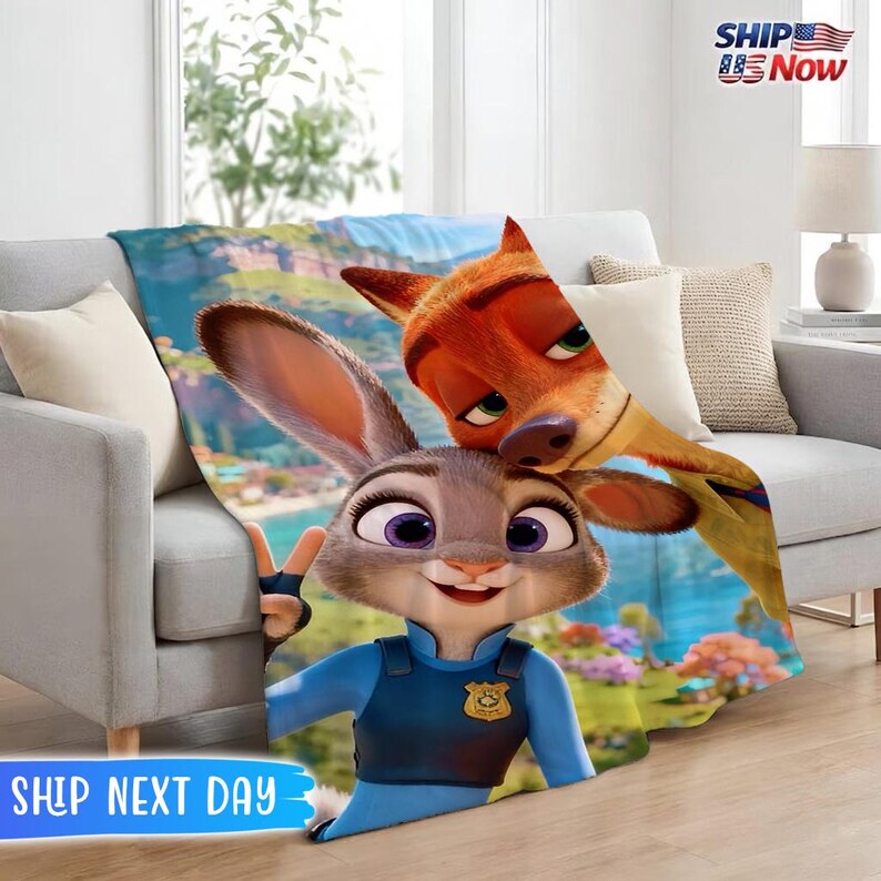 May include: A plush blanket featuring Judy Hopps and Nick Wilde from Zootopia. Judy, a gray rabbit, is giving a peace sign, while Nick, an orange fox, is smiling. The blanket is draped over a gray sofa. The text "SHIP US Now" is in the upper right corner.