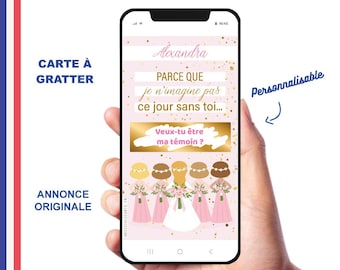 Peut inclure: Une carte numérique rose et or avec le texte "SURPRENEZ VOS PROCHES!" et "CARTE À GRATTER". La carte a une bordure dorée et un bouton doré avec le texte "Veux-tu être ma témoin?" La carte est personnalisable et comporte une image de demoiselles d'honneur.