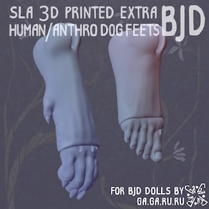 May include: 3D-printed extra human/anthro dog feet for BJD dolls. The feet are light grey and pinkish, with detailed toes and a textured appearance. Text on the image reads "SLA 3D PRINTED EXTRA HUMAN/ANTHRO DOG FEETS BJD" and "FOR BJD DOLLS BY GA.GA.RU.RU."