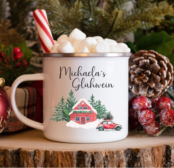 Personalisierte Weihnachtstassen, Emaille Tasse, Weihnachtsgeschenke, Emaille, Emaille Becher, Glühwein, Glühwein Tassen, Weihnachtsmarkt