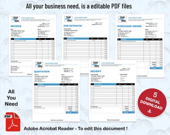 Digital professional editable Business bundle Template, Invoice, Quotation, Receipt, Pur-Order PDF format, just edit, print or send as PDF