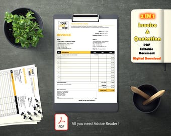 Digital professional editable business invoice and Quotation, PDF format, just edit, print or send as PDF.