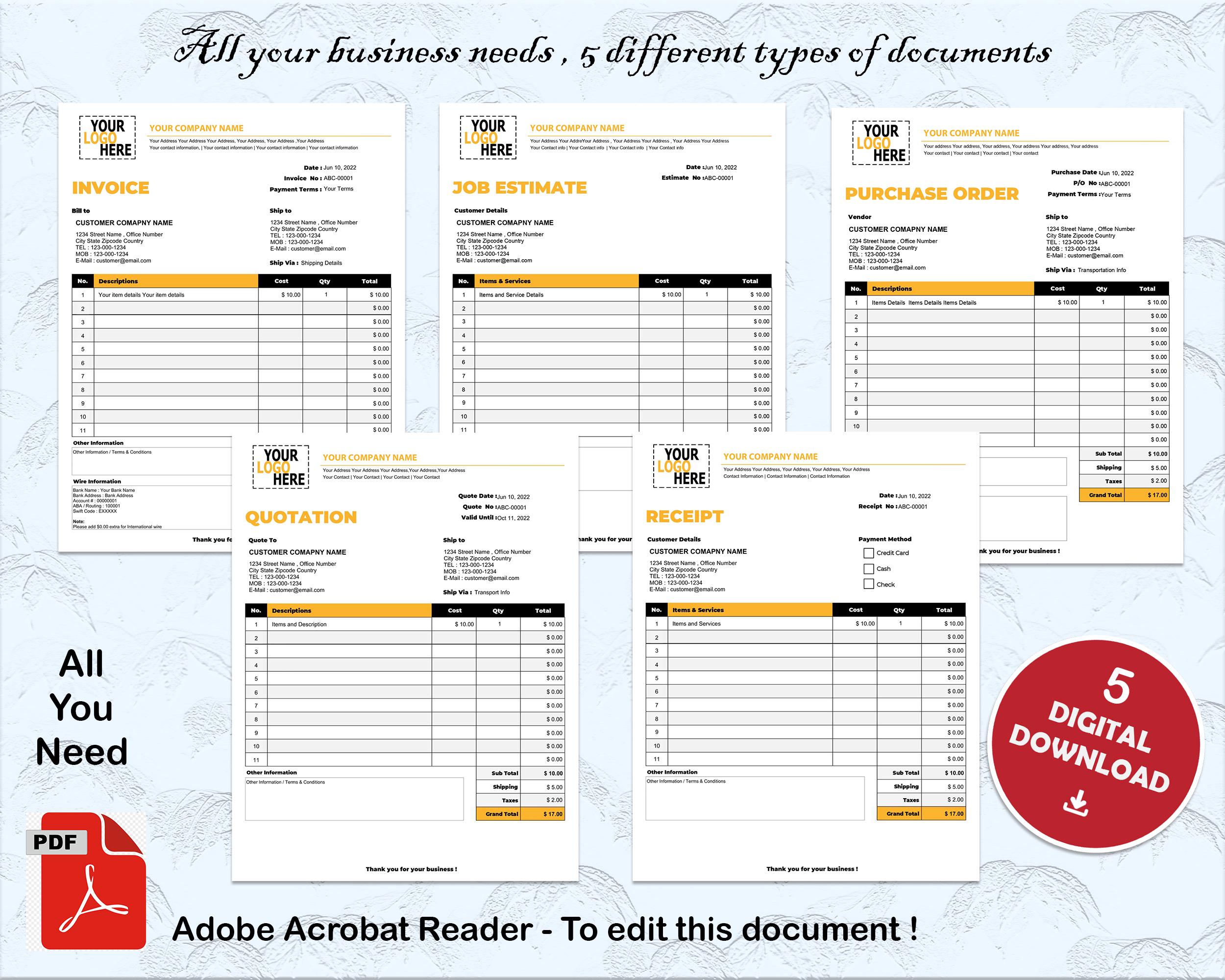 Digital professional editable Business bundle Template, Invoice, Quotation, Receipt, Pur-Order PDF format, just edit, print or send as PDF