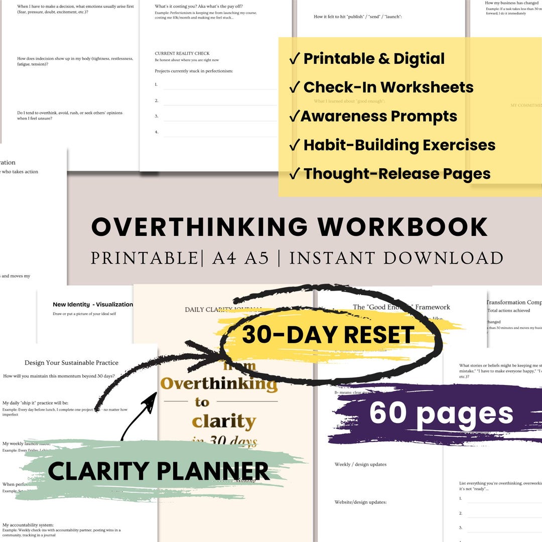 30-day Overthinking Reset Planner | A4 A5 PDF | Anxiety Relief Workbook ...
