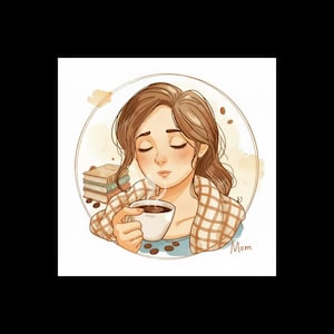 Peut inclure: Illustration d'une femme aux cheveux bruns, les yeux fermés, savourant une tasse de café. Elle est enveloppée dans une couverture à carreaux, avec une pile de livres et des grains de café à proximité. Le mot "Mom" est écrit sur l'image.