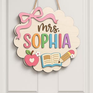 Aangepaste 3D leraar deurhanger, cadeau voor leraar, bloemen leraar naam deurhanger, klasdecor, terug naar school cadeau, welkomstbord leraar