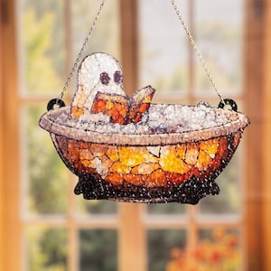 Acrylic Ghost Bathtub Stained Glass Suncatcher, Acrylic Halloween Window Hanging for Spooky Bathrooms and Book Lovers, Reader Gift