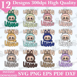 Paquete SVG de diseños de Labubu, imágenes prediseñadas de Labubu, PNG de Labubu, vectores de Labubu, SVG de personajes de dibujos animados, archivos de corte de Cricut, descarga digital