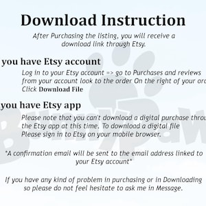 以下が含まれることがあります： Etsyで購入した商品のダウンロード手順。EtsyアカウントとEtsyアプリを使用したデジタル商品のダウンロード手順。Etsyアカウントに関連付けられているメールアドレスに確認メールが送信されます。問題が発生した場合は、Etsyメッセージを通じて販売者に連絡してください。