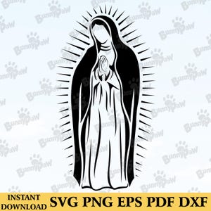 Maagd Maria SVG PNG, Virgen de Guadalupe schets clipart, katholieke kunst voor sublimatie direct downloaden, lasergesneden en Cricut-bestand