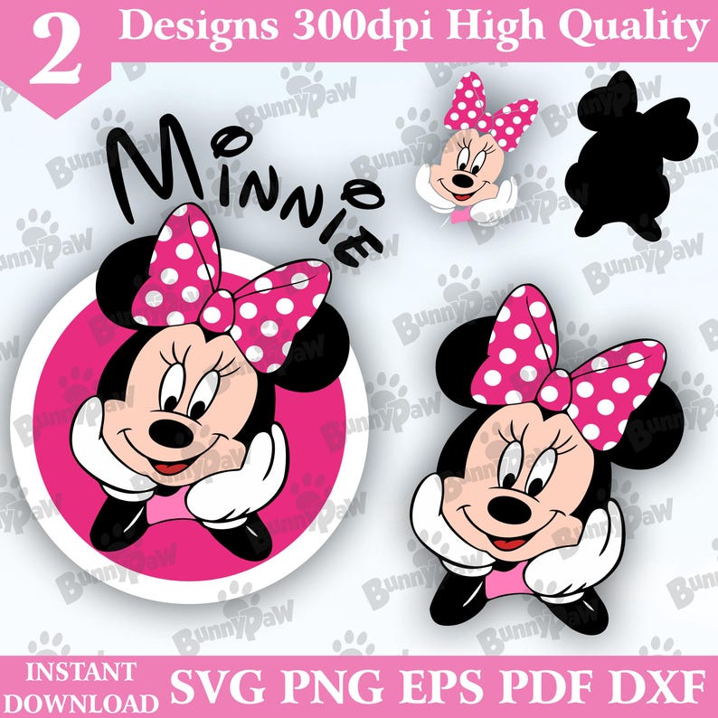 May include: A digital design featuring Minnie Mouse in various poses. The designs include a full-color image of Minnie Mouse with a pink polka-dot bow, a silhouette, and a smaller image. The word "Minnie" is written in black script. The text "2 Designs 300dpi High Quality" is also present.