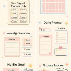 May include: Digital planner with sections for notes, goals, finance, and habits. Includes a monthly calendar for January, a daily planner, and a finance tracker. The planner has a pink and white color scheme.