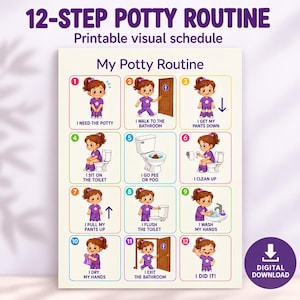 May include: A 12-step potty routine printable visual schedule featuring a cartoon character in a purple outfit. The chart displays numbered steps from 1 to 12, illustrating actions like walking to the bathroom, using the toilet, and washing hands.