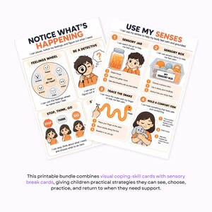 Two printable coping skill cards titled Notice What's Happening and Use My Senses against a white background.