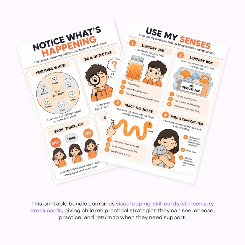 Two printable coping skill cards titled Notice What's Happening and Use My Senses against a white background.