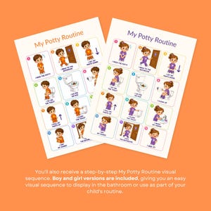 Two My Potty Routine charts featuring numbered step-by-step illustrations of a boy and a girl using the restroom.