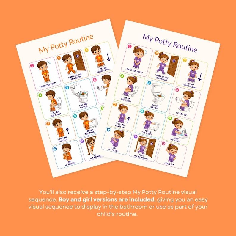 Two My Potty Routine charts featuring numbered step-by-step illustrations of a boy and a girl using the restroom.