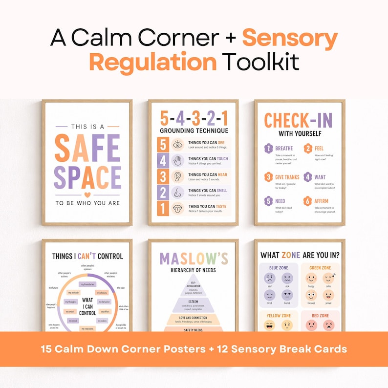 Six printable emotional regulation posters displayed in wooden frames on a white wall with the text A Calm Corner plus Sensory Regulation Toolkit above.