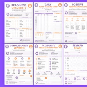 Six different printable pages including readiness checklists, tracking charts, and communication supports displayed on a purple background.