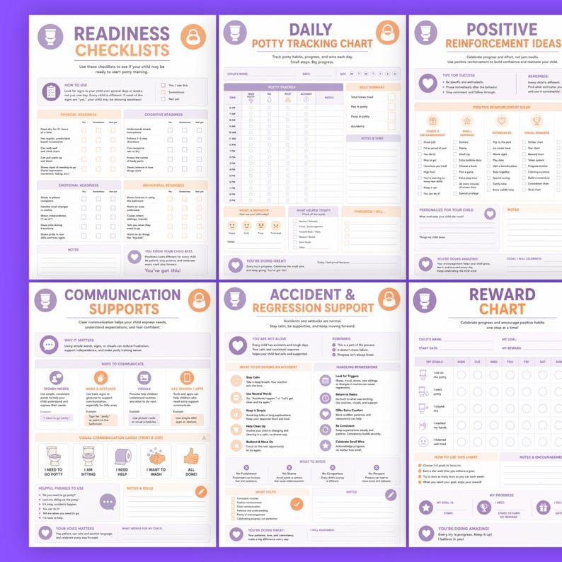 Six different printable pages including readiness checklists, tracking charts, and communication supports displayed on a purple background.