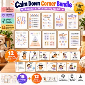 Op de afbeelding: Een digitale bundel van 15 educatieve posters en 12 zintuiglijke pauzekaarten met kalmeringstechnieken, strategie&euml;n voor emotionele regulatie en aardingsoefeningen met tekst zoals Calm Down Corner Bundle en Autism ADHD Sensory Toolkit.