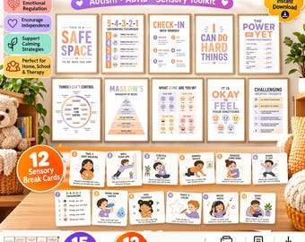 Calm Down Corner Bundle for Autism ADHD Kids, 15 Posters, 12 Sensory Break Cards