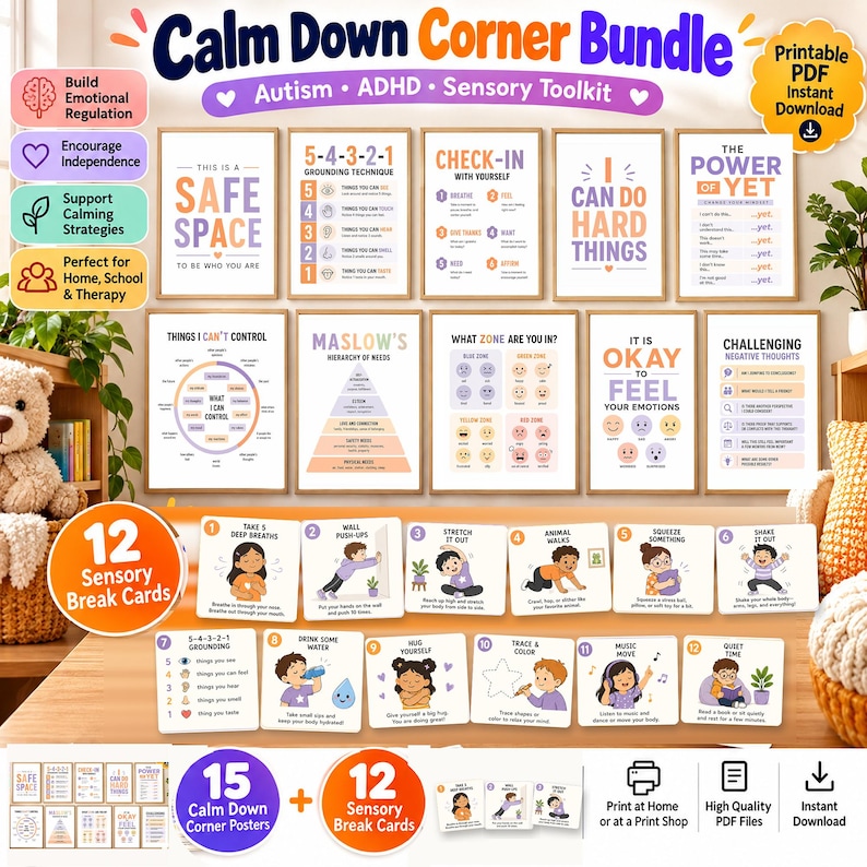 Op de afbeelding: Een digitale bundel van 15 educatieve posters en 12 zintuiglijke pauzekaarten met kalmeringstechnieken, strategie&euml;n voor emotionele regulatie en aardingsoefeningen met tekst zoals Calm Down Corner Bundle en Autism ADHD Sensory Toolkit.