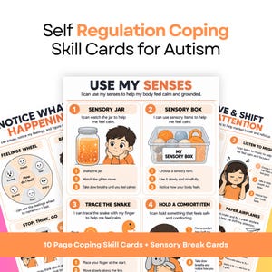 A promotional mockup displaying coping skill cards for autism with the headline Self Regulation Coping Skill Cards for Autism.