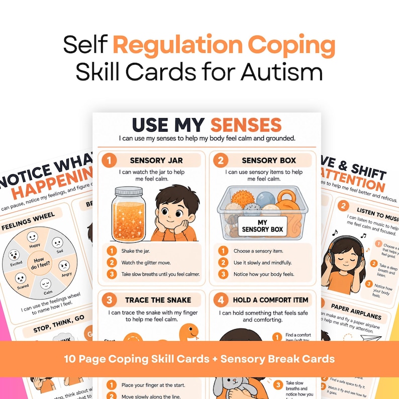 A promotional mockup displaying coping skill cards for autism with the headline Self Regulation Coping Skill Cards for Autism.