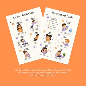Two sensory break cards featuring numbered illustrations of calming activities like deep breaths and wall push-ups.