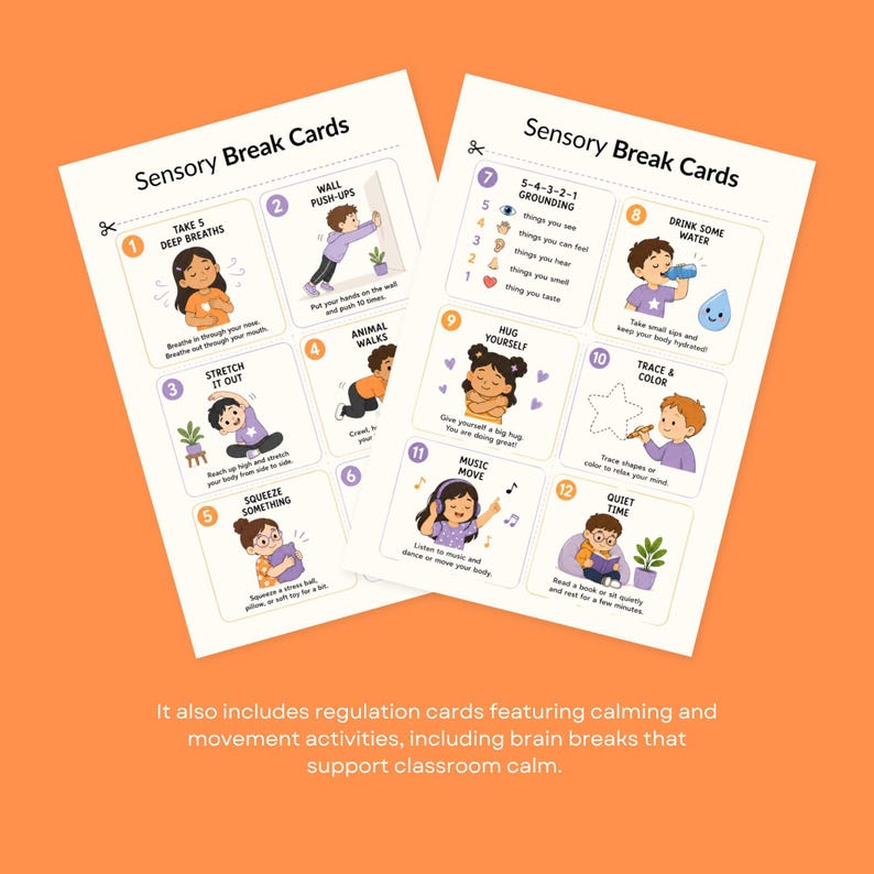 Two sensory break cards featuring numbered illustrations of calming activities like deep breaths and wall push-ups.