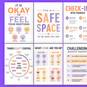 A grid displaying six different printable posters with emotional regulation charts against a purple background.