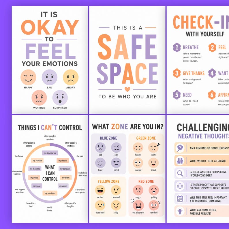A grid displaying six different printable posters with emotional regulation charts against a purple background.